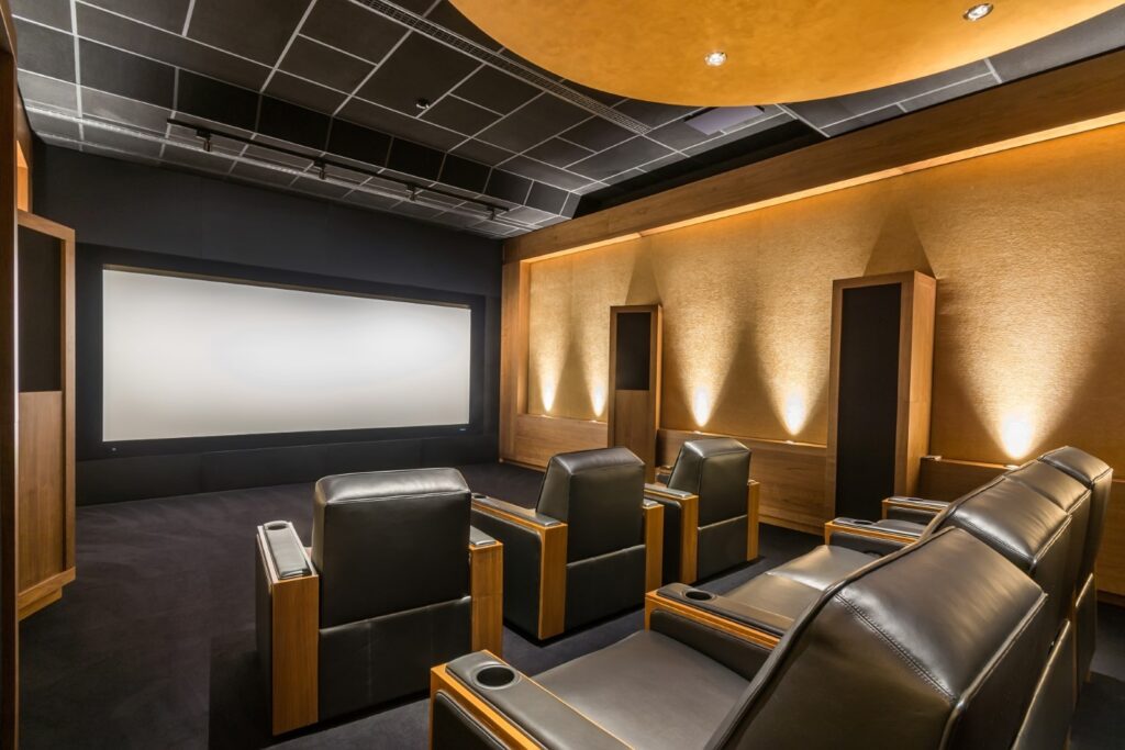 Home theater with lighting and acoustic panels